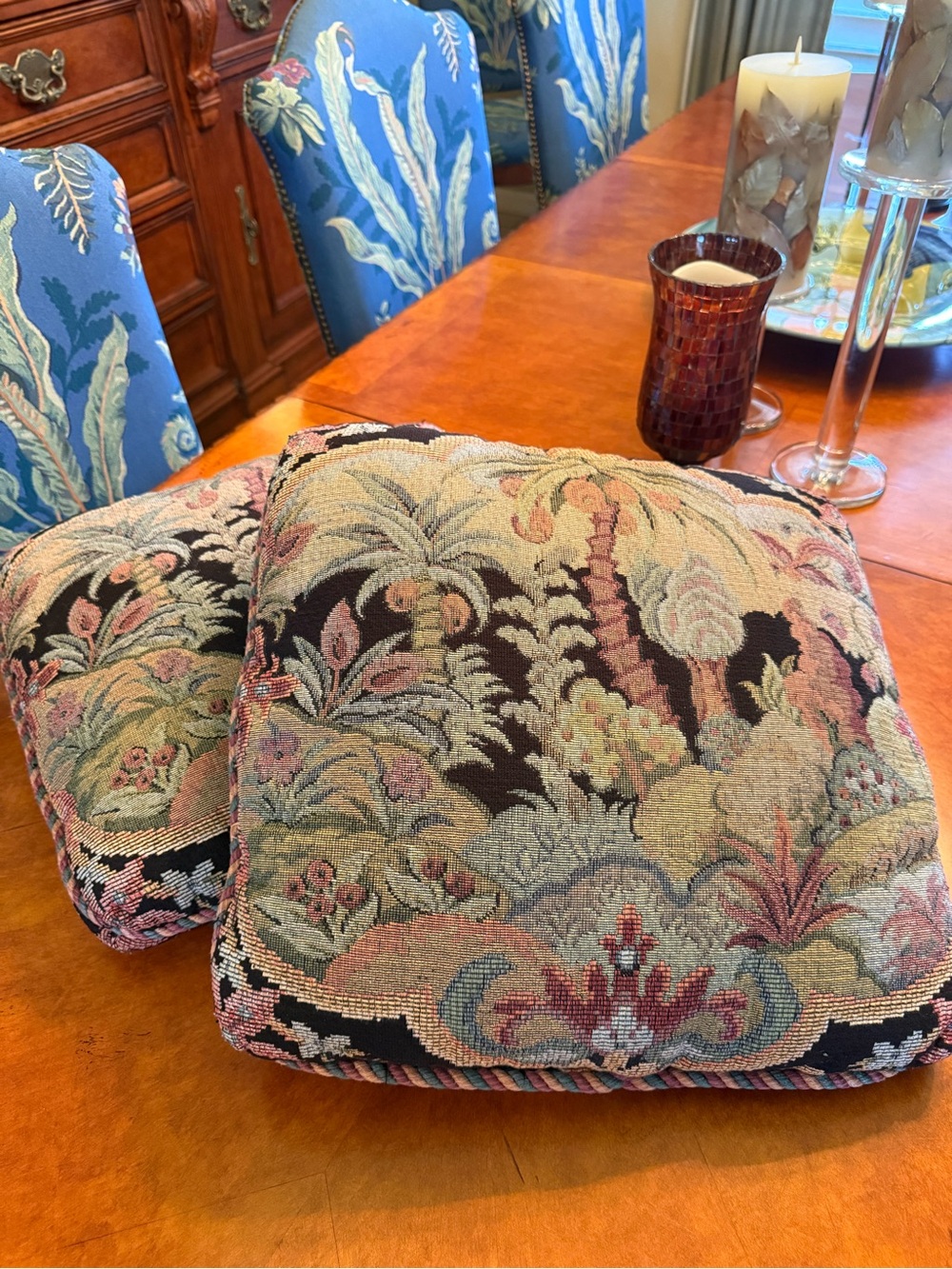 Vintage Aubusson Tapestry Needlepoint Palm Tree Pillows 18x18 - Pair